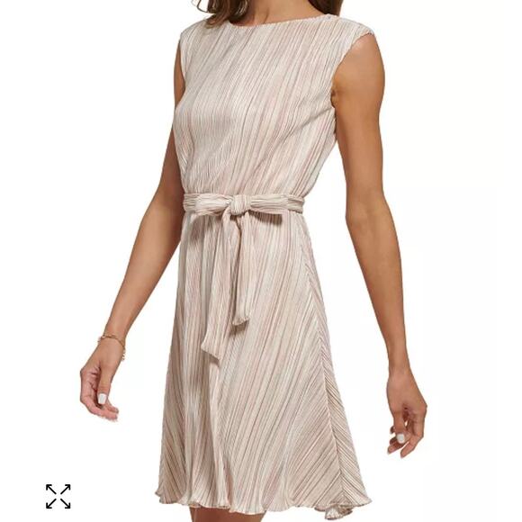 DKNY Size 6 Cream & Gold Pleated Belted Shimmer Fit and Flare Dress - Picture 1 of 9